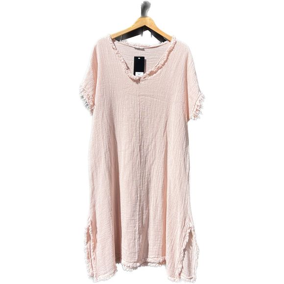 Ornella Paris | Pink Frayed-Trim Linen-Blend Shift Dress, XXL - Picture 3 of 6
